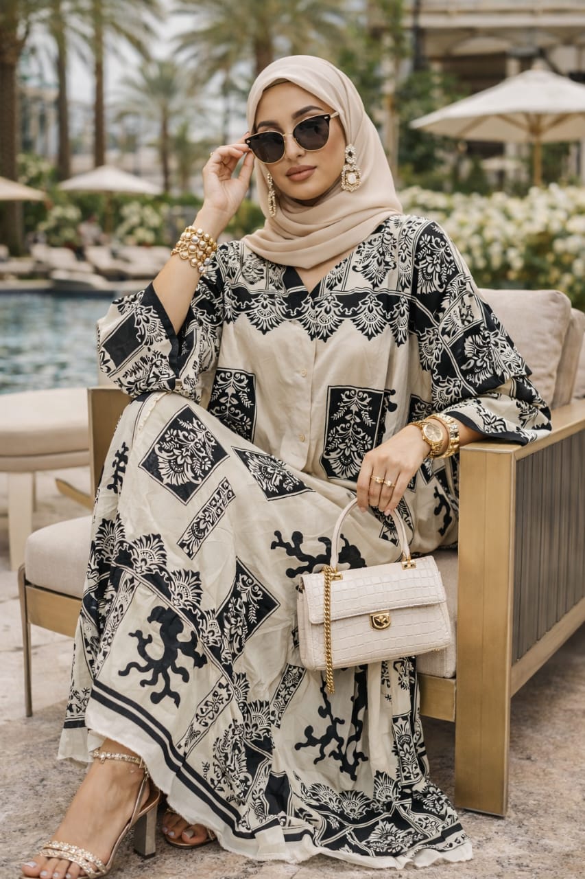 Robe Longue Femme Imprimée – Caftan Moderne Chic en Coton Léger (4 Coloris)
