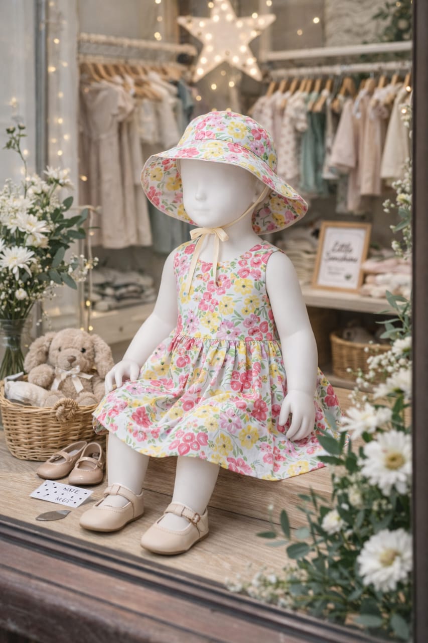 Robe Fille Fleurie avec Chapeau Assorti – Robe d'Été Sans Manches 2 Pièces