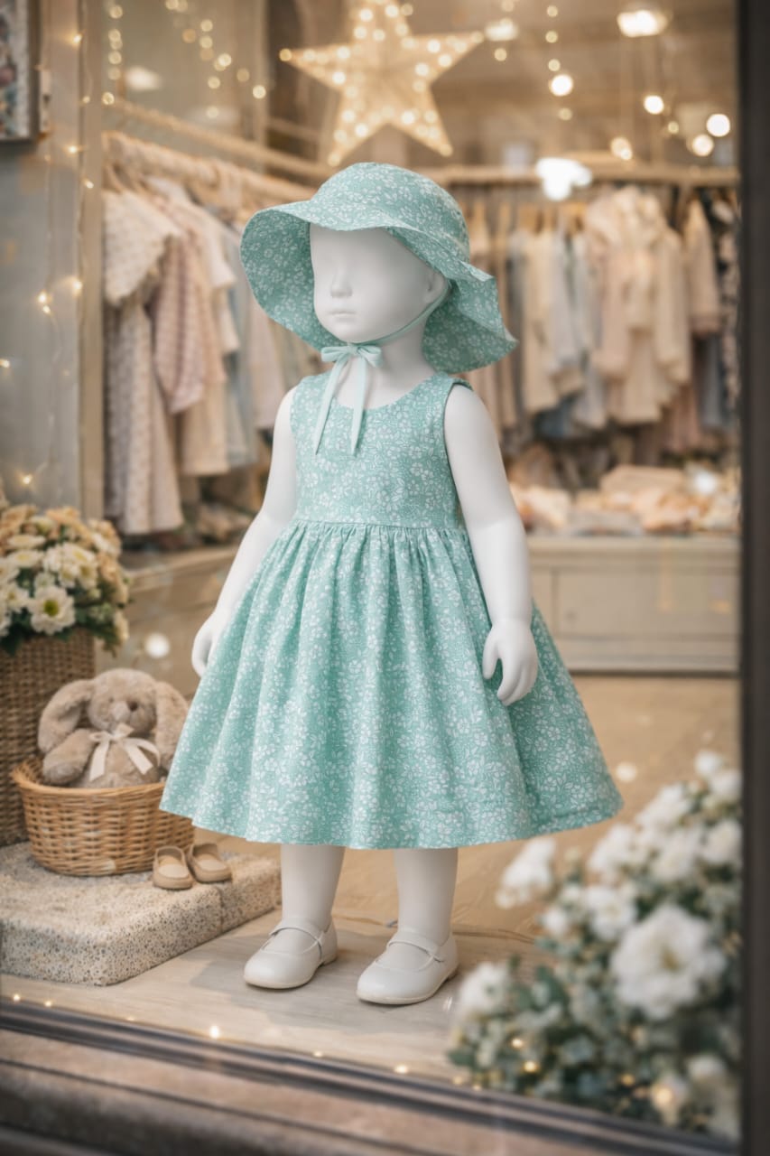Robe Fille Fleurie avec Chapeau Assorti – Robe d'Été Sans Manches 2 Pièces