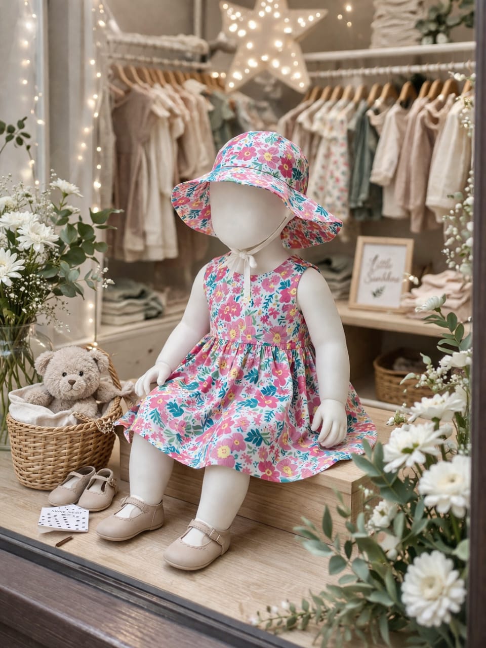 Robe Fille Fleurie avec Chapeau Assorti – Robe d'Été Sans Manches 2 Pièces