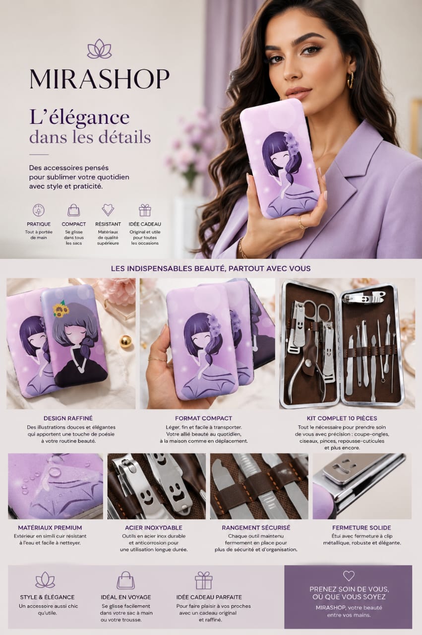 Kit Manucure & Pédicure 10 Pièces – Trousse Beauté Portable en Acier Inoxydable – Design Élégant