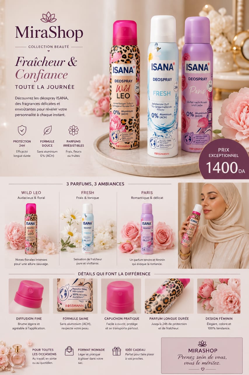 Déodorant Spray ISANA 24H Sans Aluminium (0% ACH) – Wild Leo, Paris & Sensitiv – Protection Longue Durée