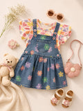 Ensemble Bébé Fille 2 Pièces – Robe Salopette en Jean & T-shirt Fleuri