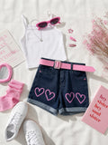 Short en Jean Fille avec Motifs Cœurs & Ceinture