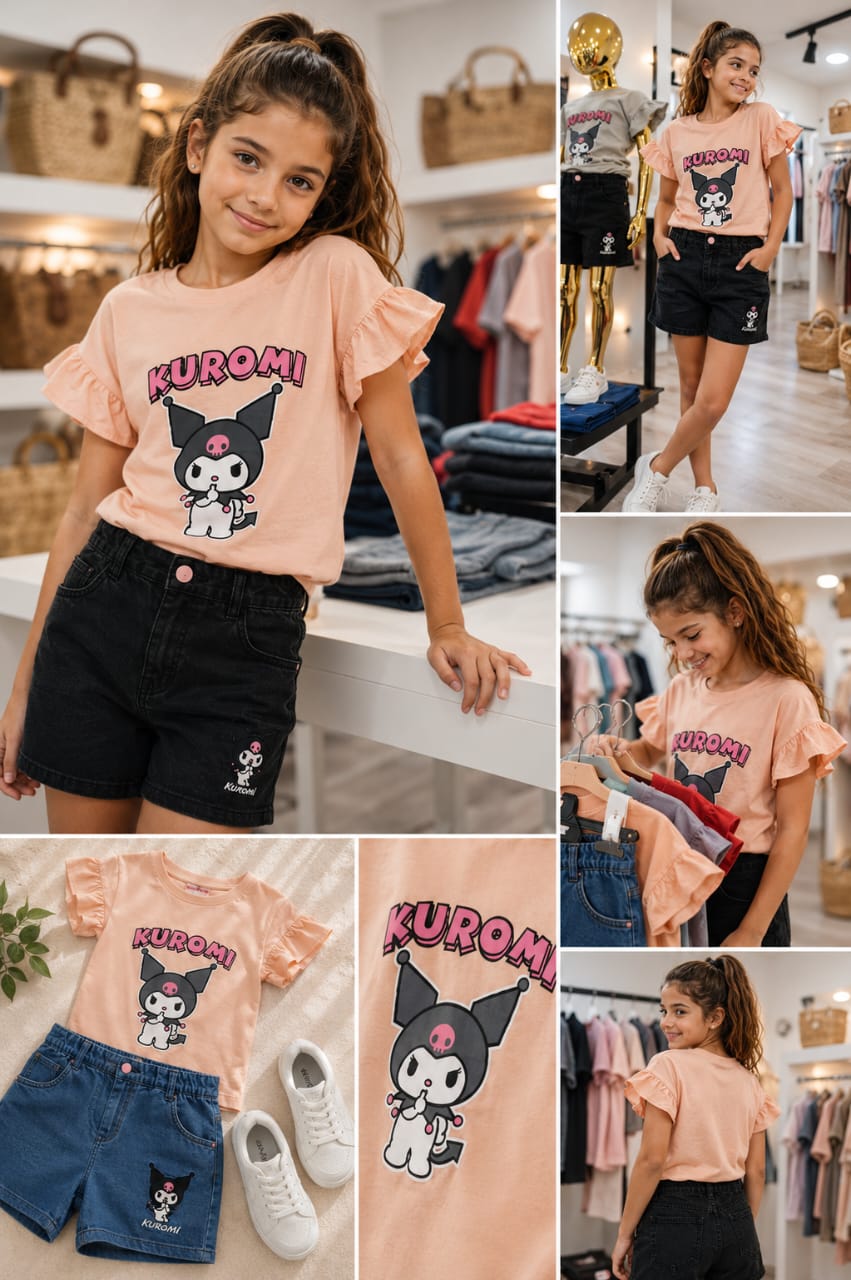 Ensemble Fille 2 Pièces Kuromi – T-shirt à Volants & Short en Jean