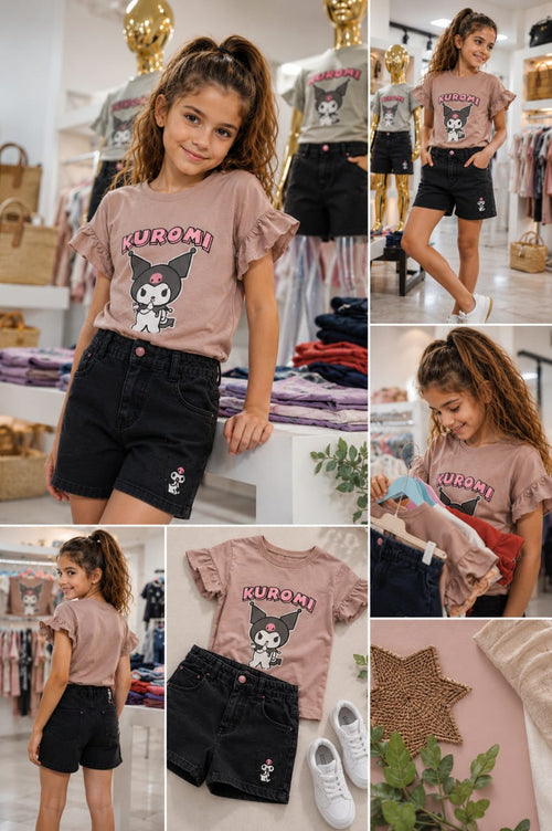Ensemble Fille 2 Pièces Kuromi – T-shirt à Volants & Short en Jean
