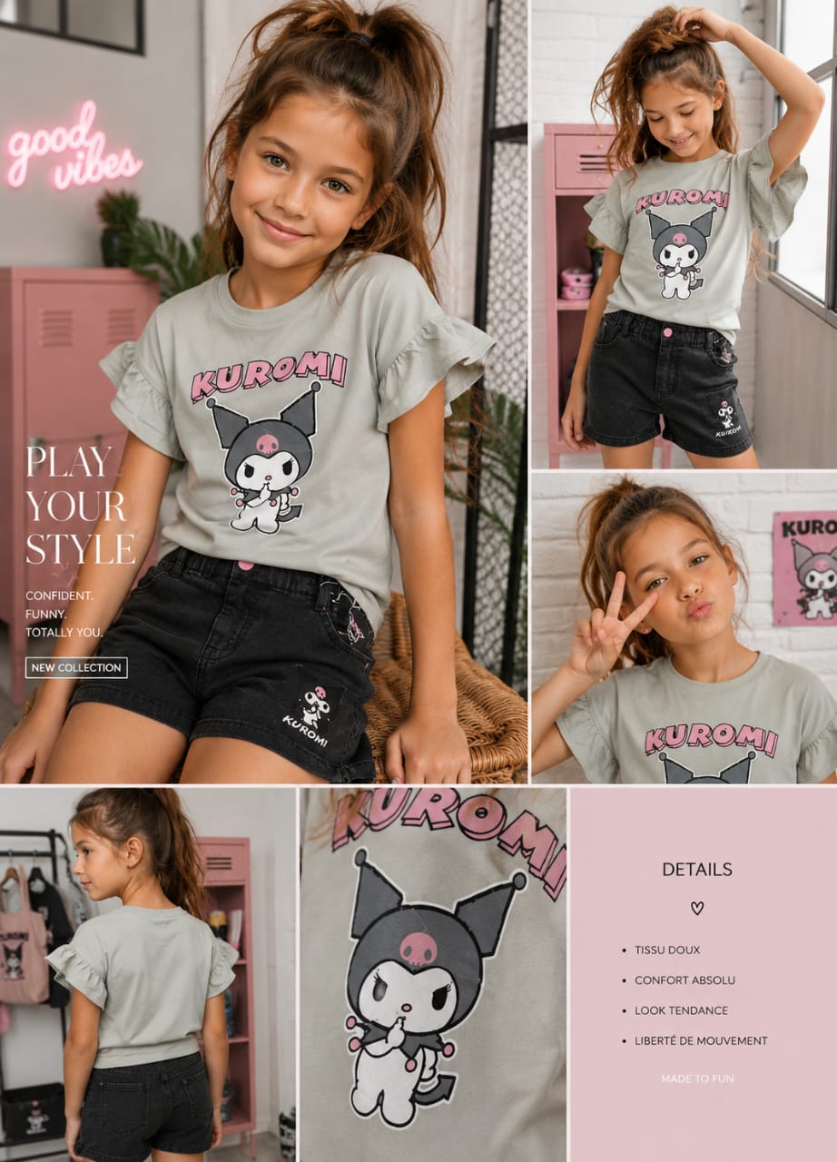Ensemble Fille 2 Pièces Kuromi – T-shirt à Volants & Short en Jean