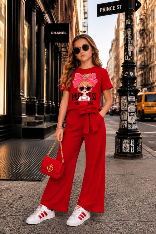 Ensemble Fille Chic 2 Pièces – T-shirt Imprimé & Pantalon Large Ceinturé