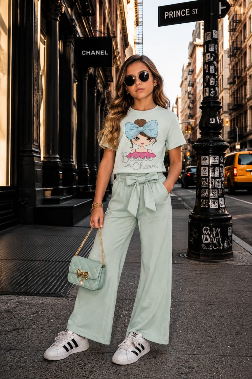 Ensemble Fille Chic 2 Pièces – T-shirt Imprimé & Pantalon Large Ceinturé