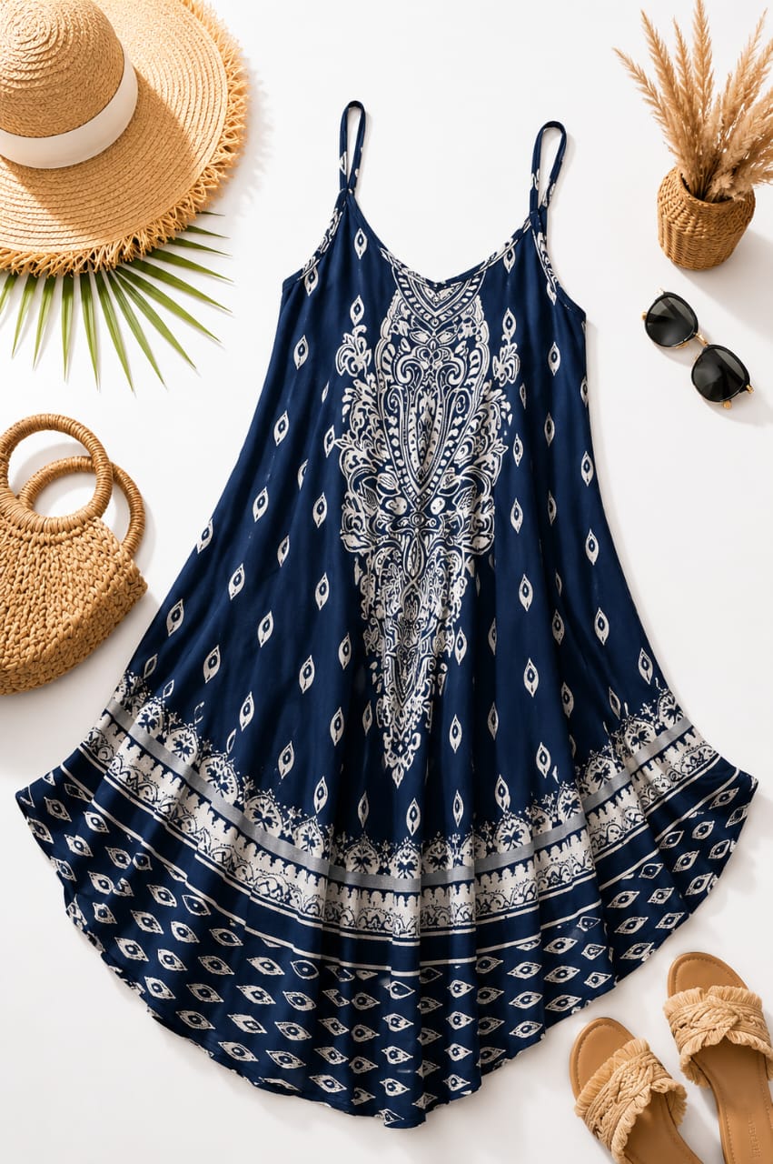 Robe d'Été Bohème Fluide à Bretelles – Imprimés Floraux & Mandala
