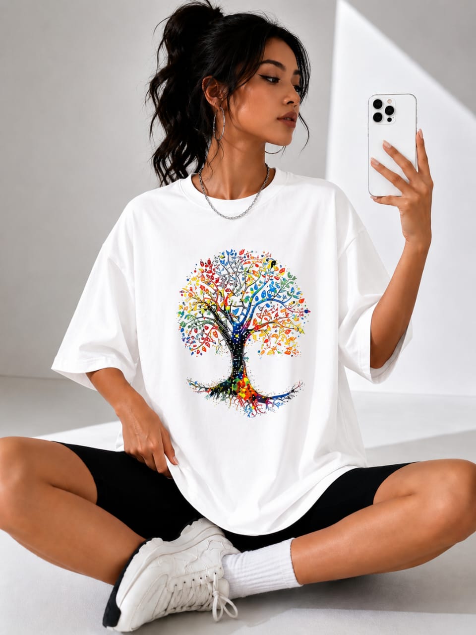 T-shirt Femme Oversize Imprimé Arbre de Vie Coloré – Style Casual & Artistique