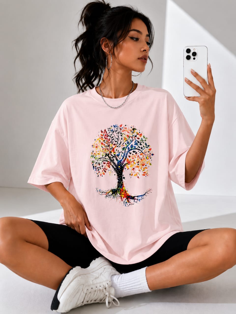 T-shirt Femme Oversize Imprimé Arbre de Vie Coloré – Style Casual & Artistique