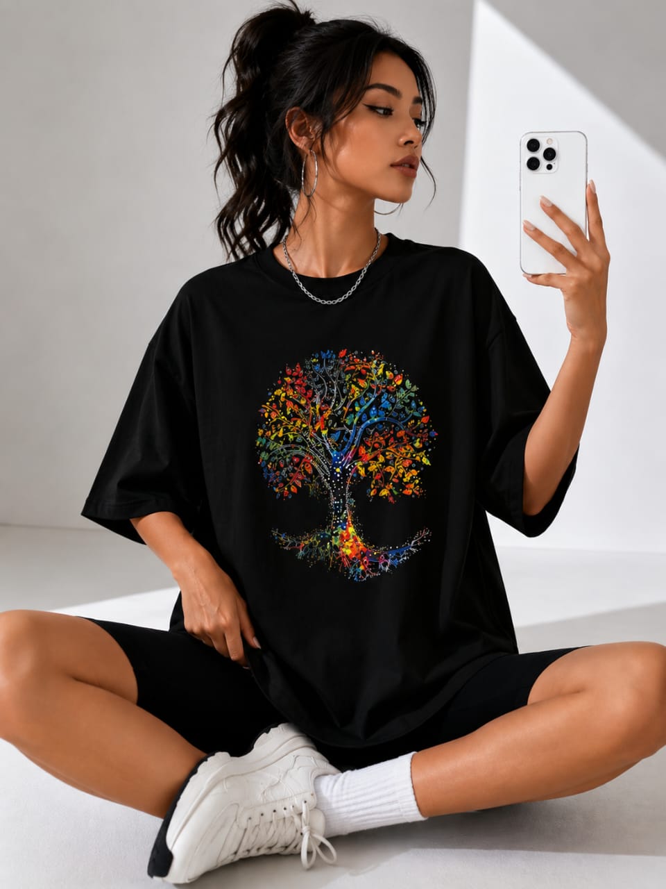 T-shirt Femme Oversize Imprimé Arbre de Vie Coloré – Style Casual & Artistique