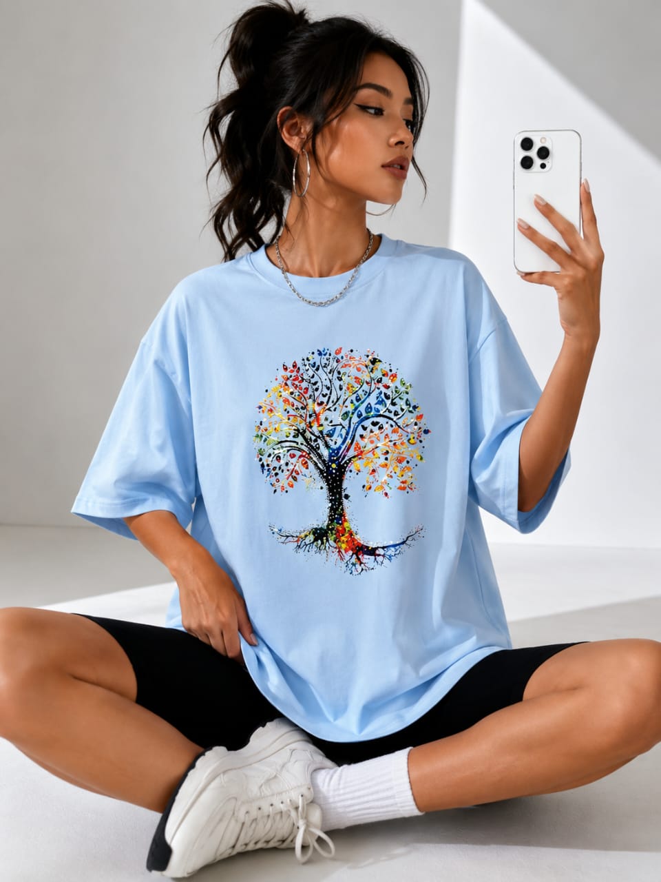 T-shirt Femme Oversize Imprimé Arbre de Vie Coloré – Style Casual & Artistique
