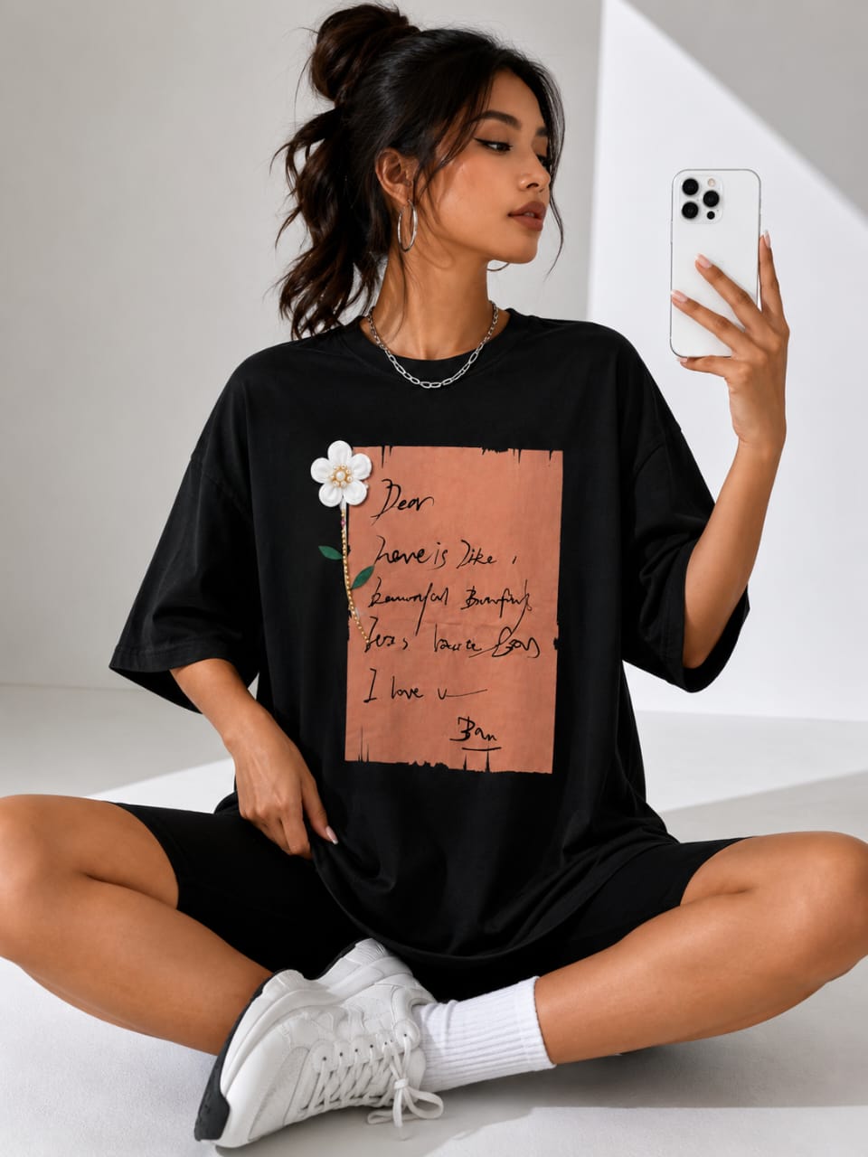 T-shirt Femme Oversize Imprimé Lettre & Fleur 3D – Style Casual Chic