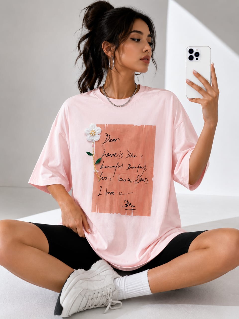 T-shirt Femme Oversize Imprimé Lettre & Fleur 3D – Style Casual Chic