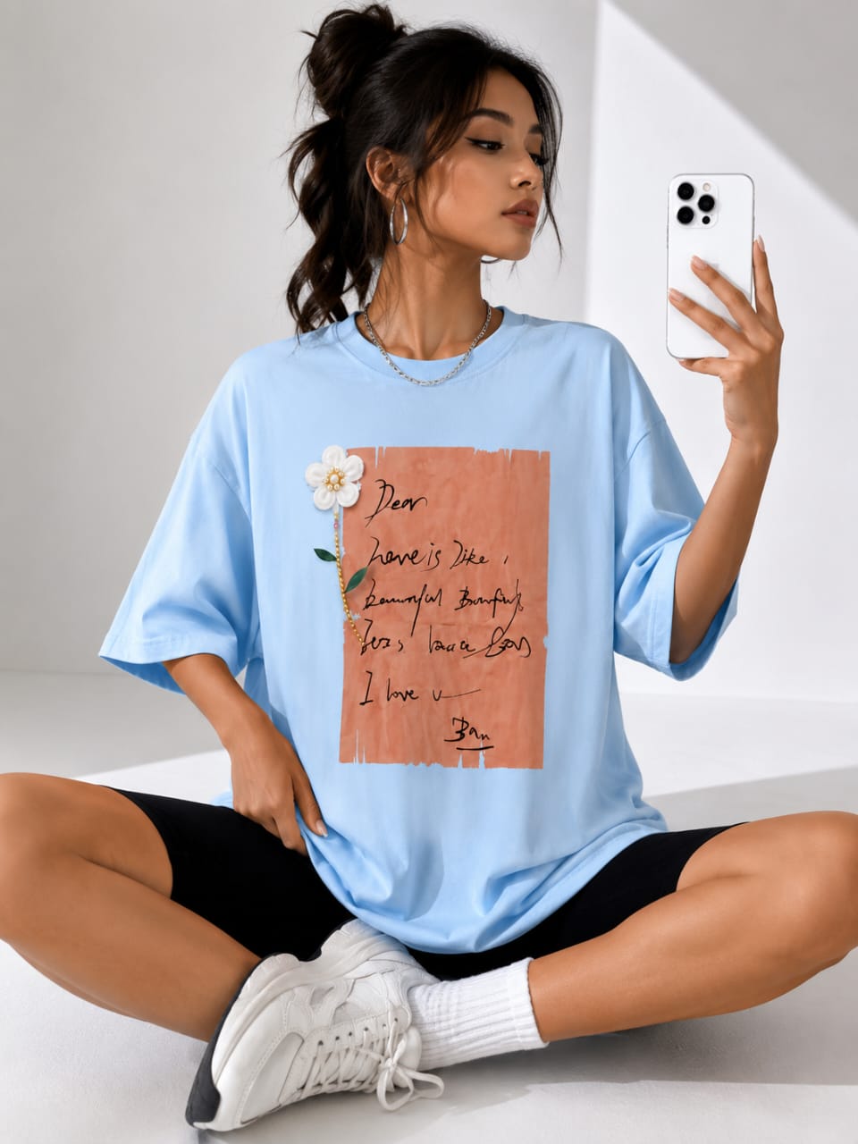 T-shirt Femme Oversize Imprimé Lettre & Fleur 3D – Style Casual Chic