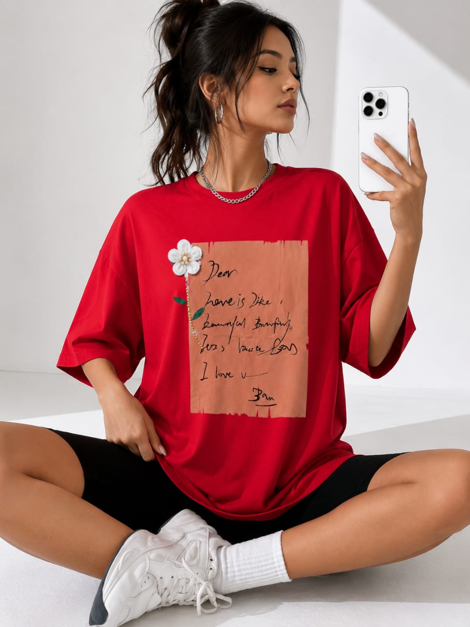 T-shirt Femme Oversize Imprimé Lettre & Fleur 3D – Style Casual Chic