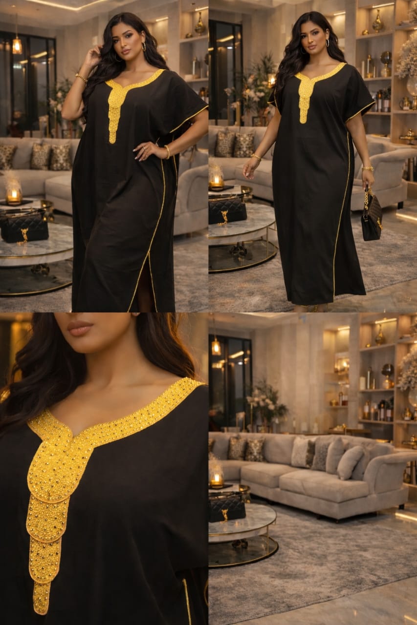 Robe Caftan Longue Femme – Abaya Élégante à Broderies & Fente Latérale