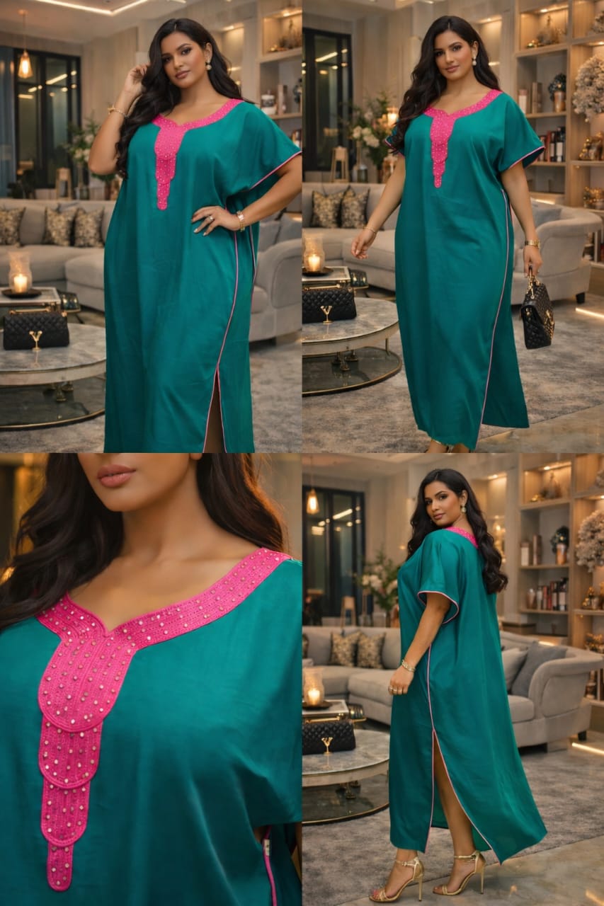 Robe Caftan Longue Femme – Abaya Élégante à Broderies & Fente Latérale