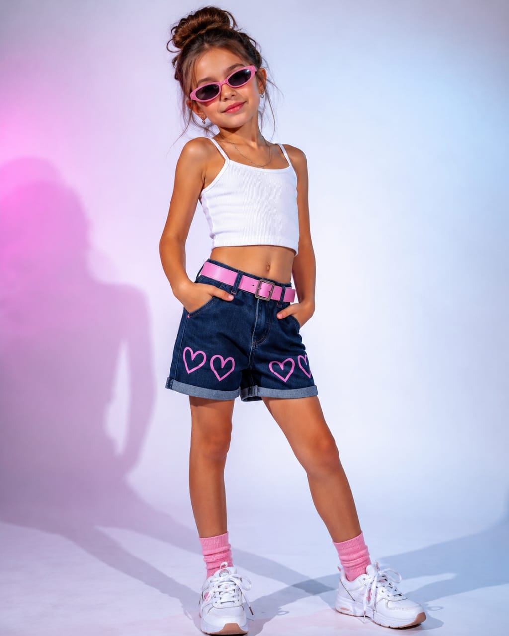 Short en Jean Fille Cœurs Rose avec Ceinture – Style Tendance