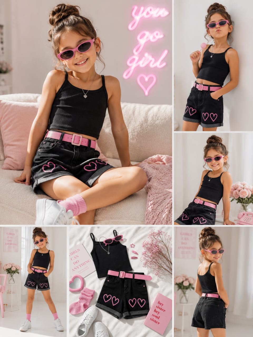Short en Jean Fille Cœurs Rose avec Ceinture – Style Tendance