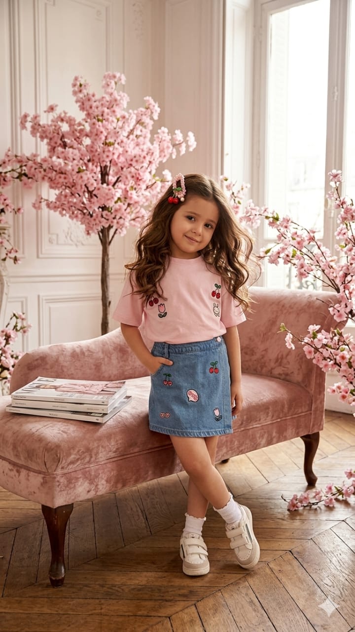 Ensemble Fille T-shirt & Jupe en Jean Brodée – Style Stitch & Cerises