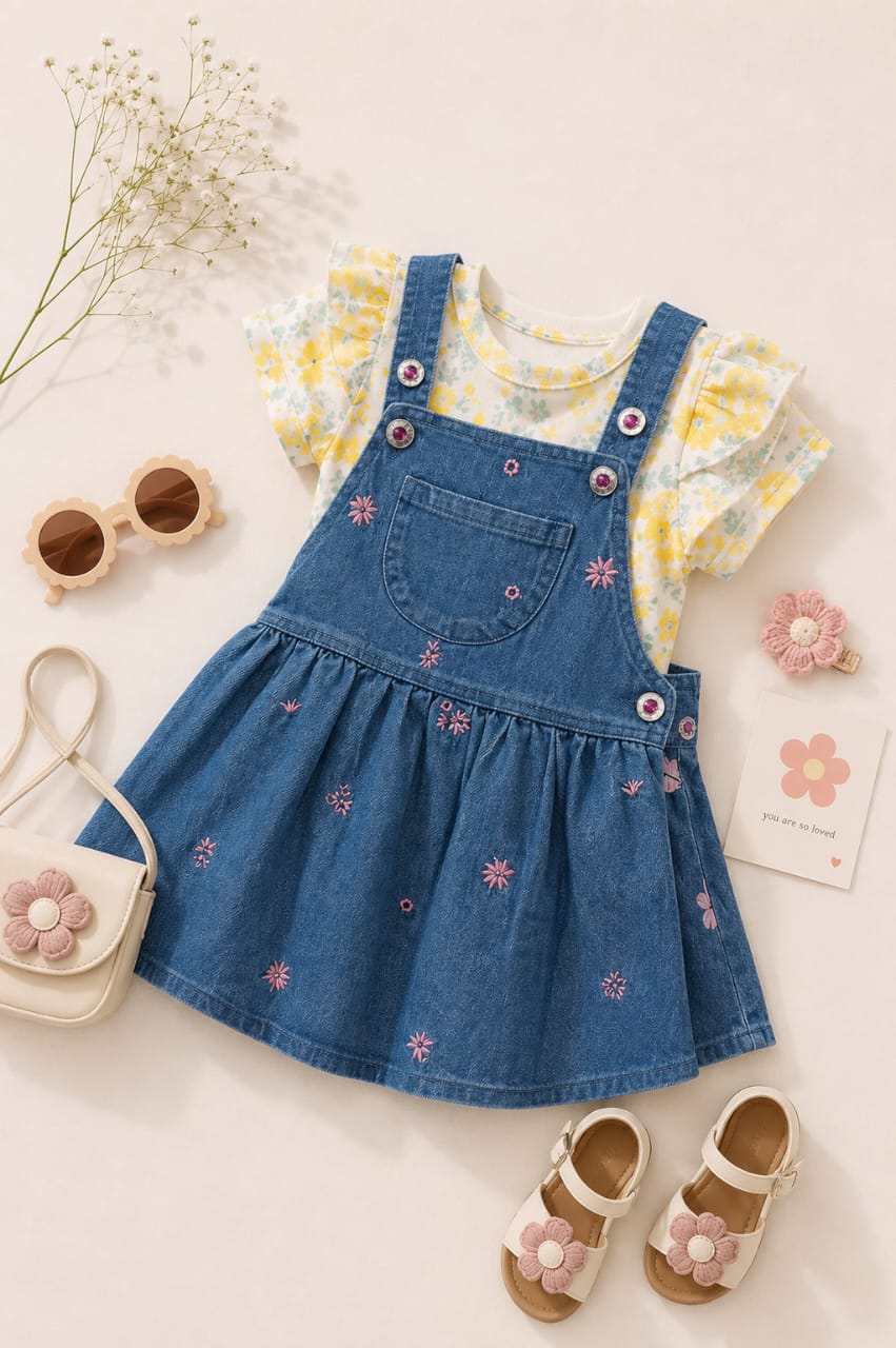 Robe Salopette en Jean Fille avec T-shirt Fleuri – Ensemble 2 Pièces