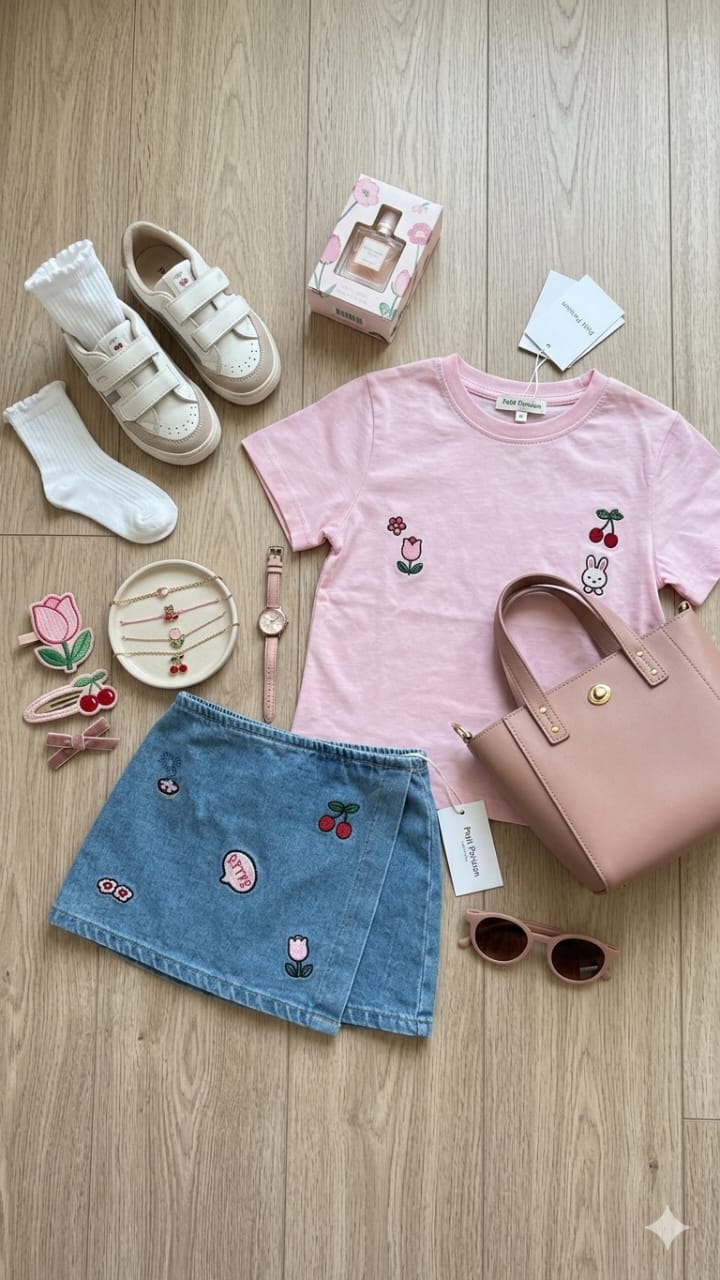 Ensemble Fille T-shirt & Jupe en Jean Brodée – Style Stitch & Cerises