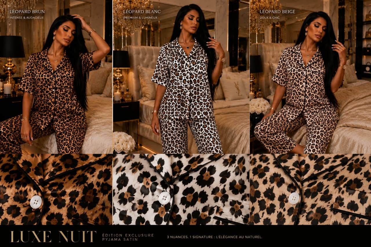 Pyjama Satin Femme Imprimé Léopard – Ensemble Chemise & Pantalon Long Luxe