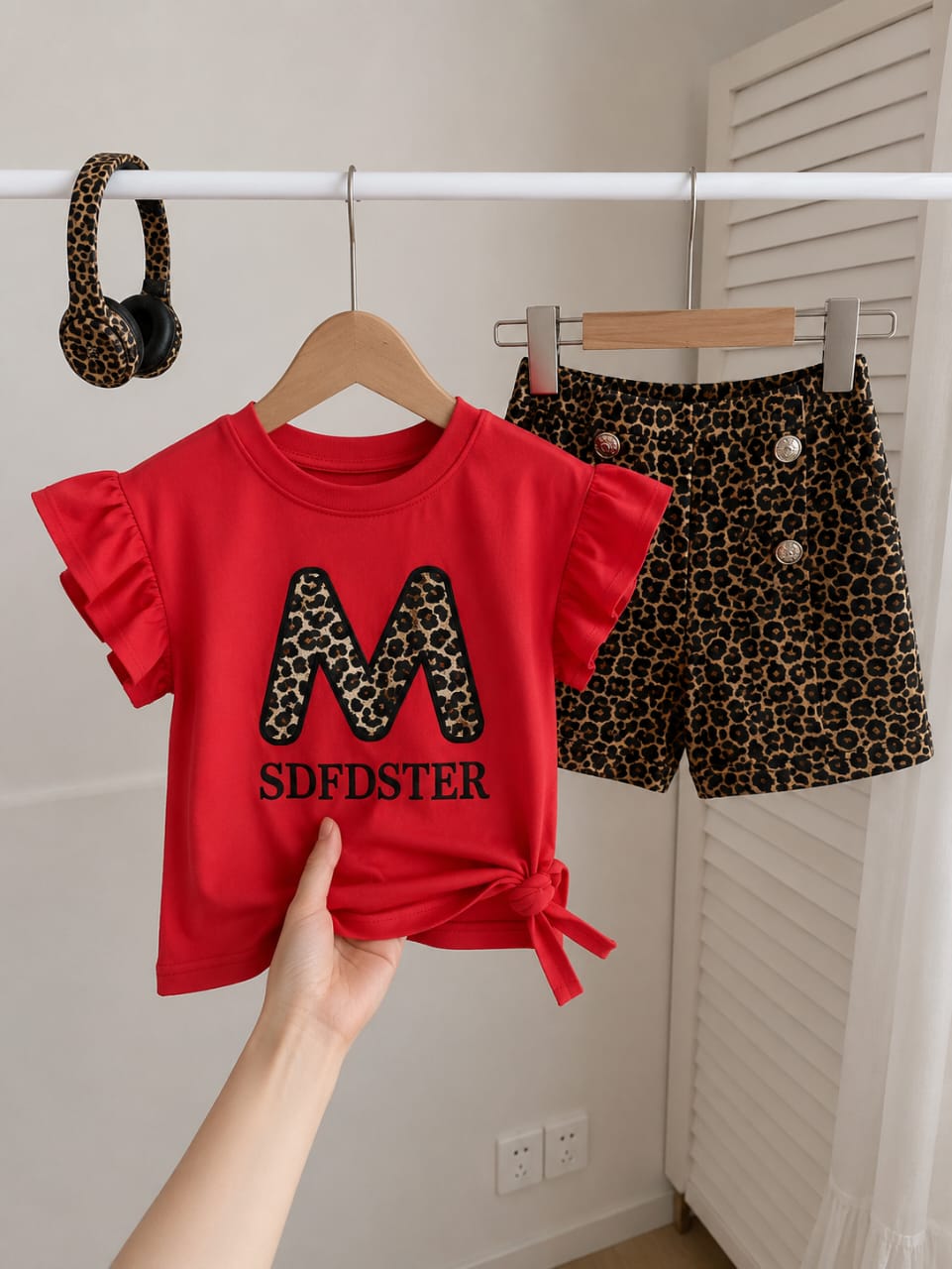 Ensemble Fille Léopard Chic – T-shirt à Volants & Short Imprimé