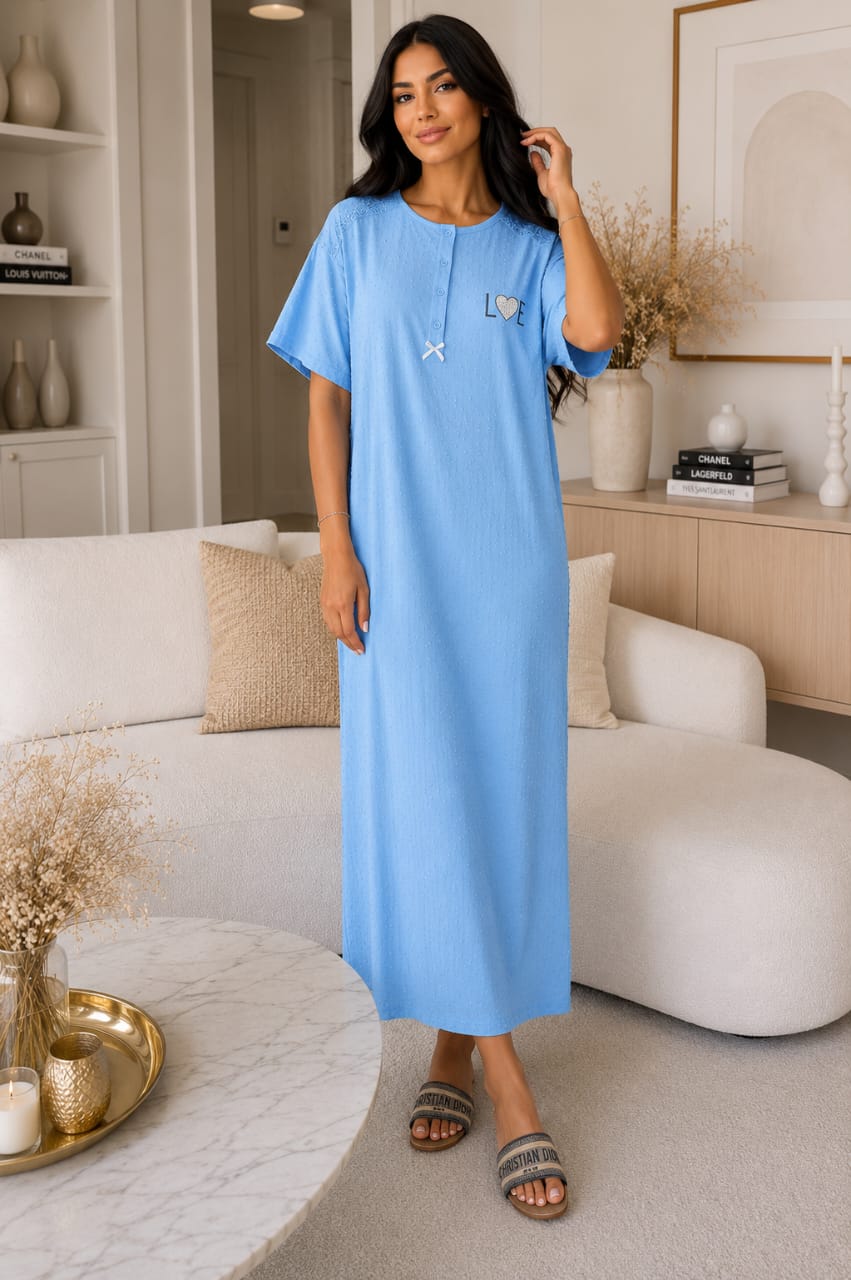 Chemise de nuit longue LOVE en coton texturé – Confort & Élégance