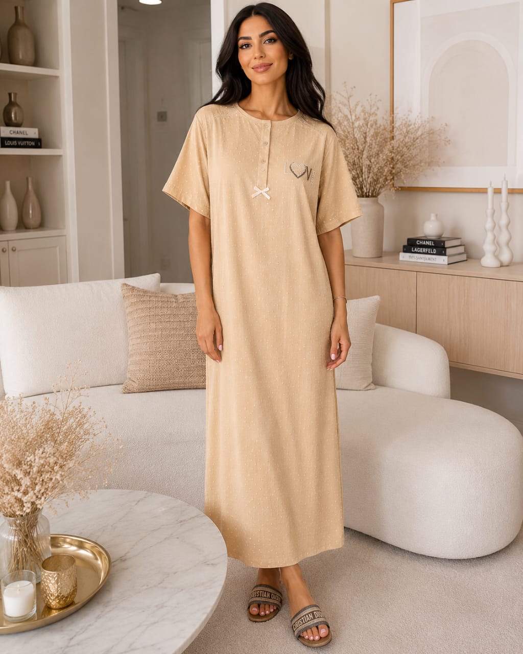 Chemise de nuit longue LOVE en coton texturé – Confort & Élégance