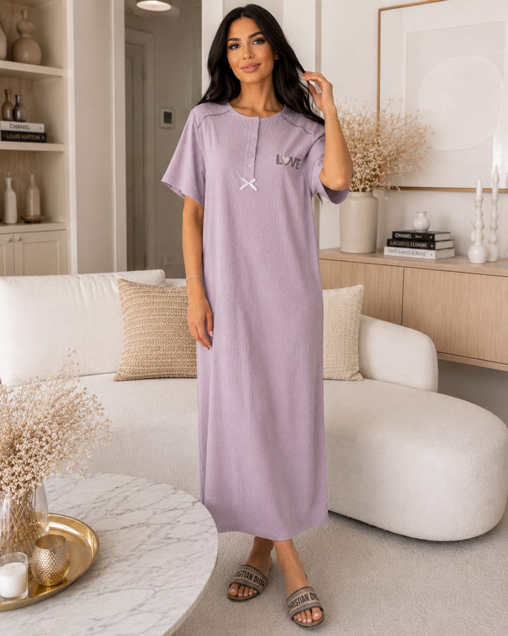 Chemise de nuit longue LOVE en coton texturé – Confort & Élégance
