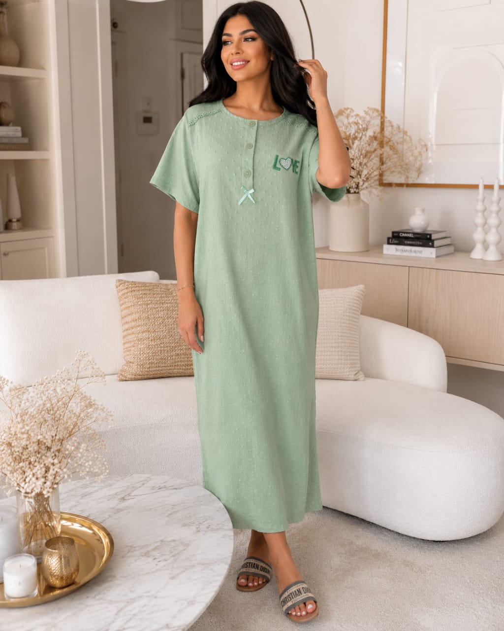 Chemise de nuit longue LOVE en coton texturé – Confort & Élégance