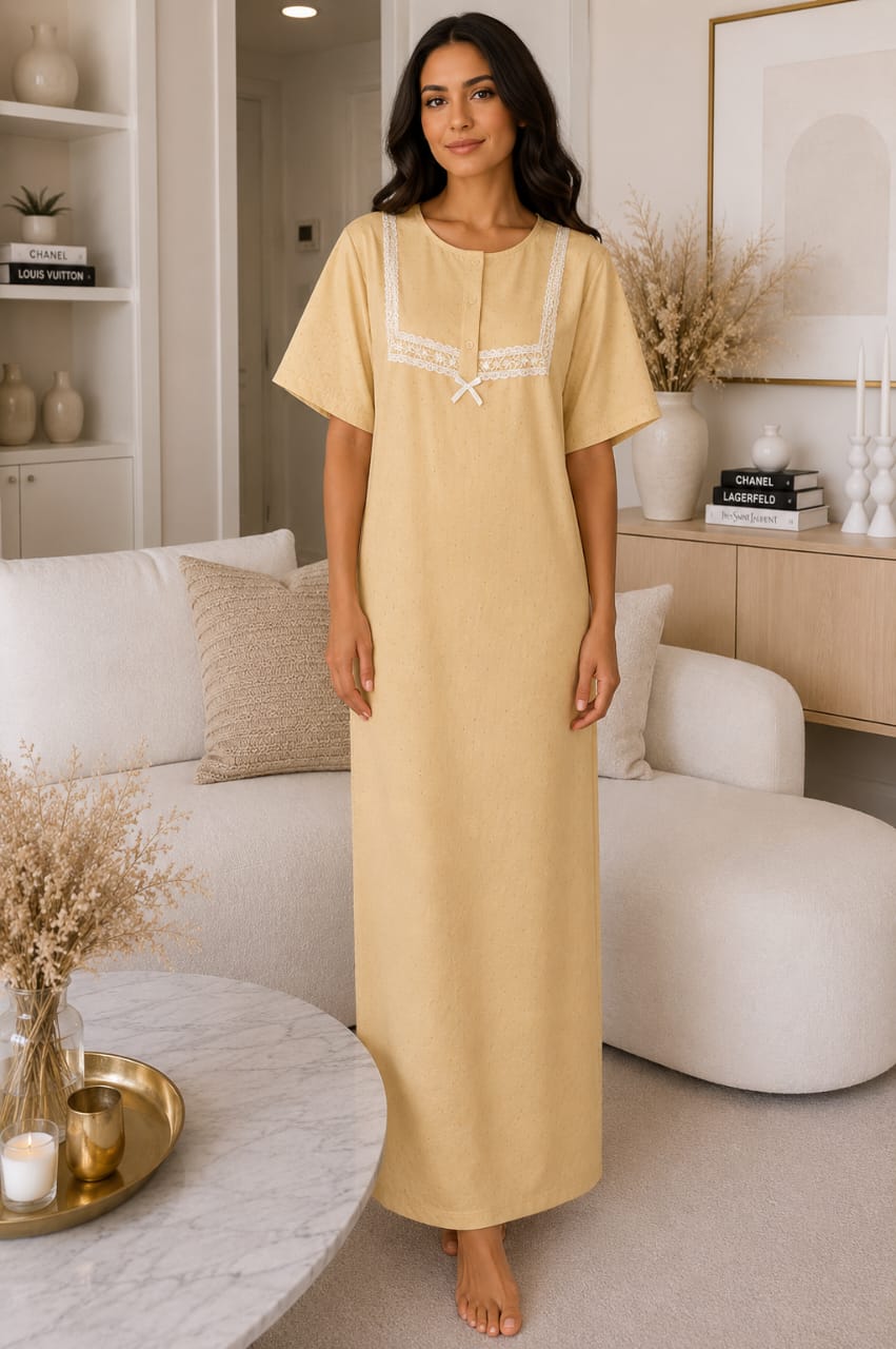 Chemise de nuit longue en coton texturé avec dentelle élégante – Femme