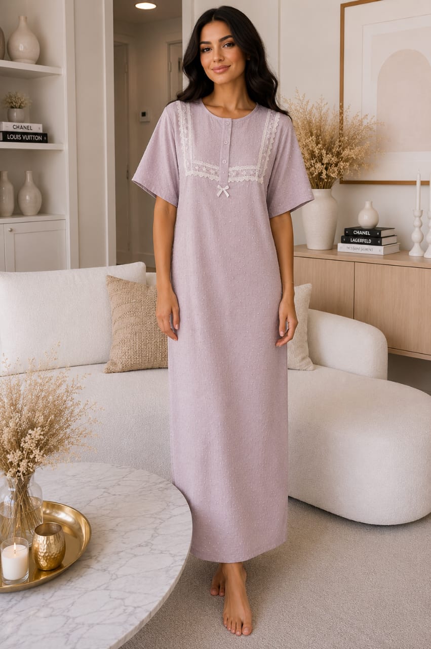 Chemise de nuit longue en coton texturé avec dentelle élégante – Femme