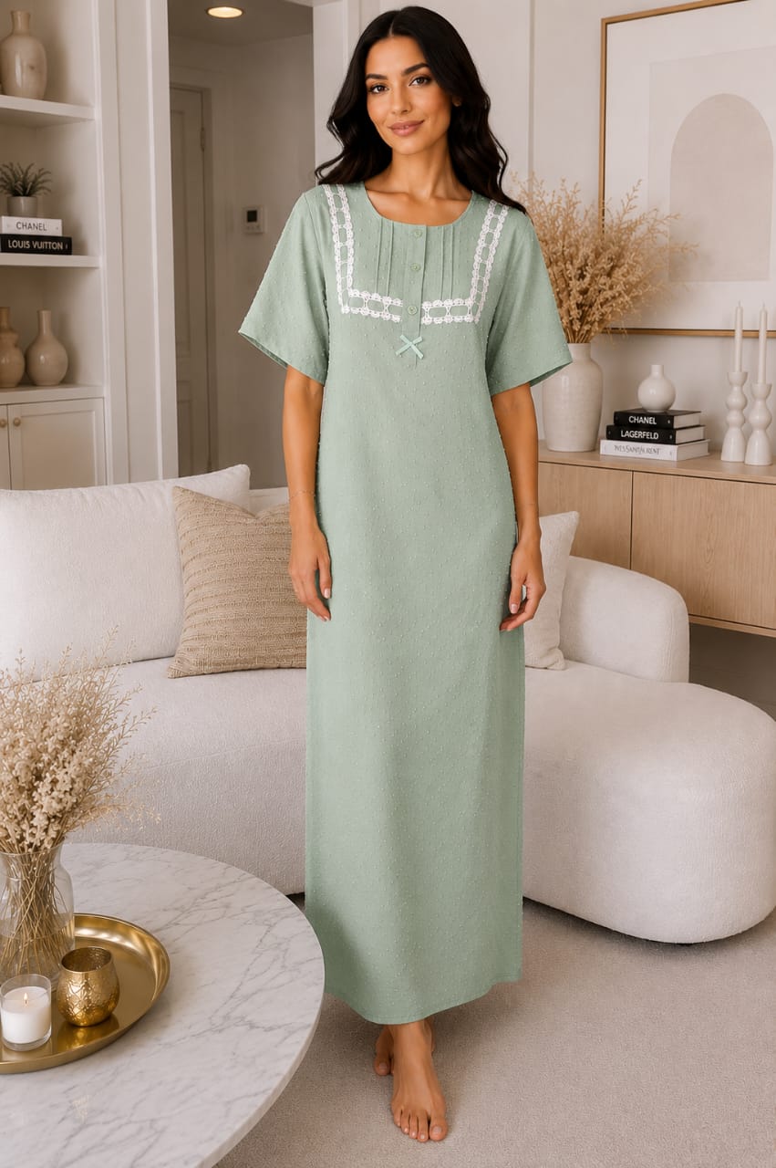 Chemise de nuit longue en coton texturé avec dentelle élégante – Femme
