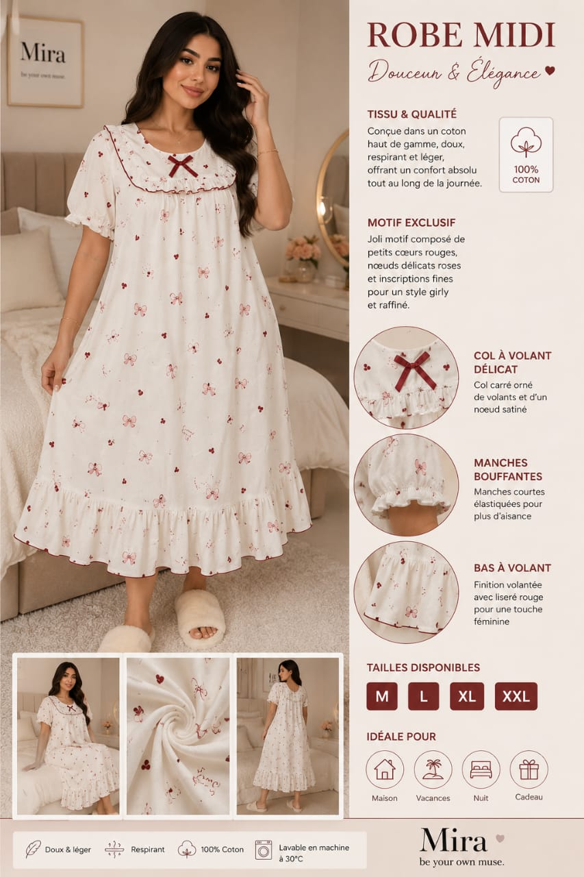 Robe de Nuit Midi 100% Coton à Volants – Imprimé Cœurs & Nœuds