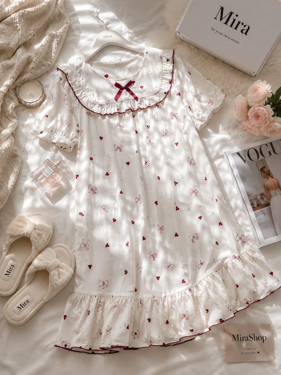 Robe de Nuit Midi 100% Coton à Volants – Imprimé Cœurs & Nœuds