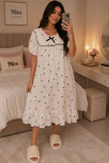Robe de Nuit Midi 100% Coton à Volants – Imprimé Cœurs & Nœuds