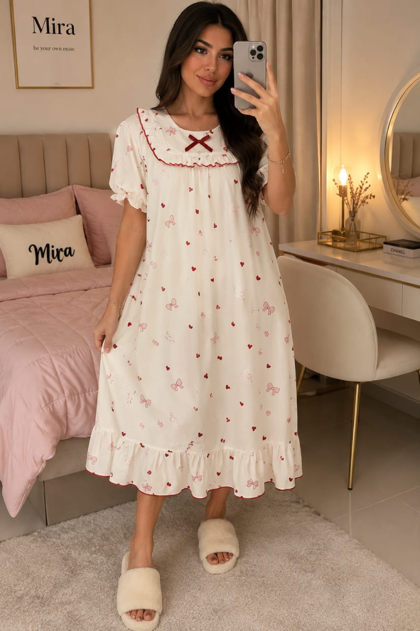 Robe de Nuit Midi 100% Coton à Volants – Imprimé Cœurs & Nœuds