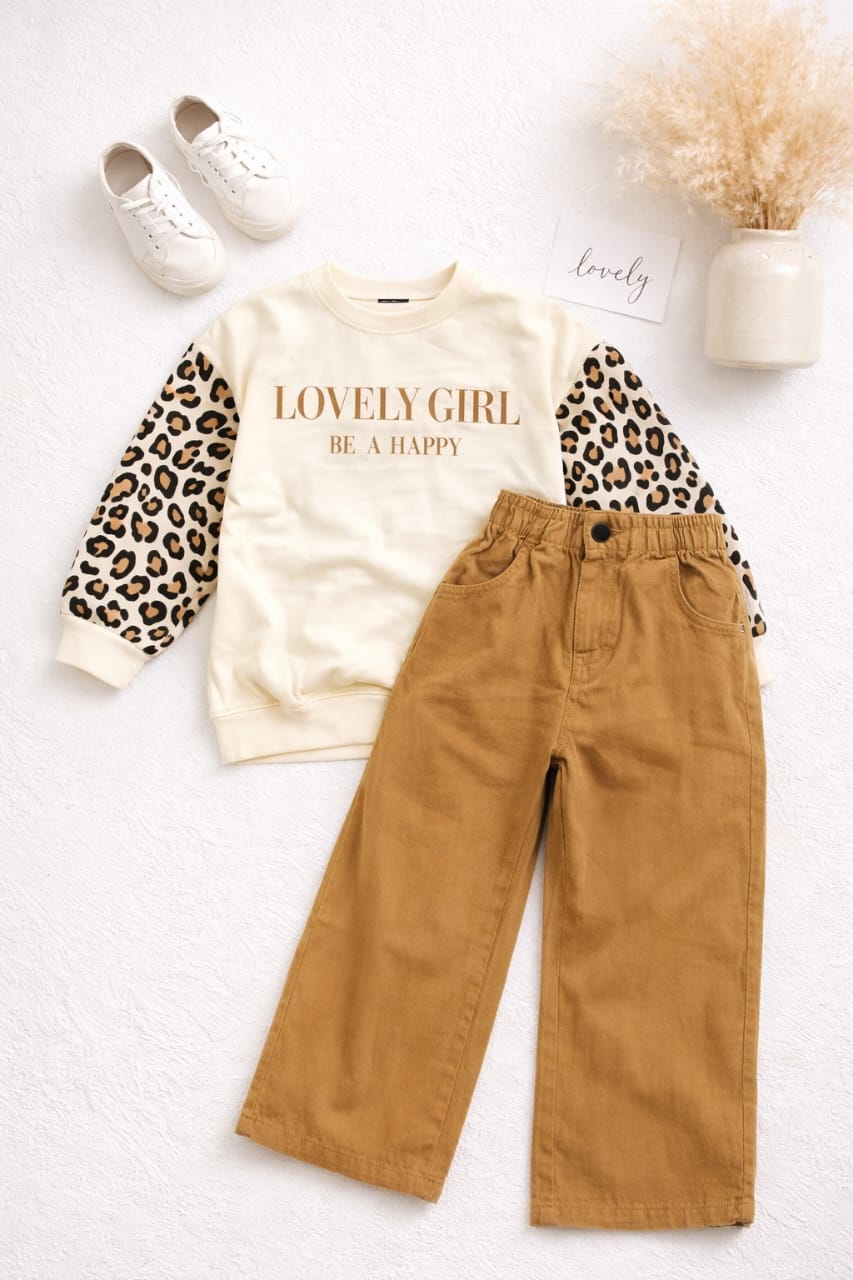 Ensemble Fille Sweat « Lovely Girl » à Manches Léopard & Pantalon Large