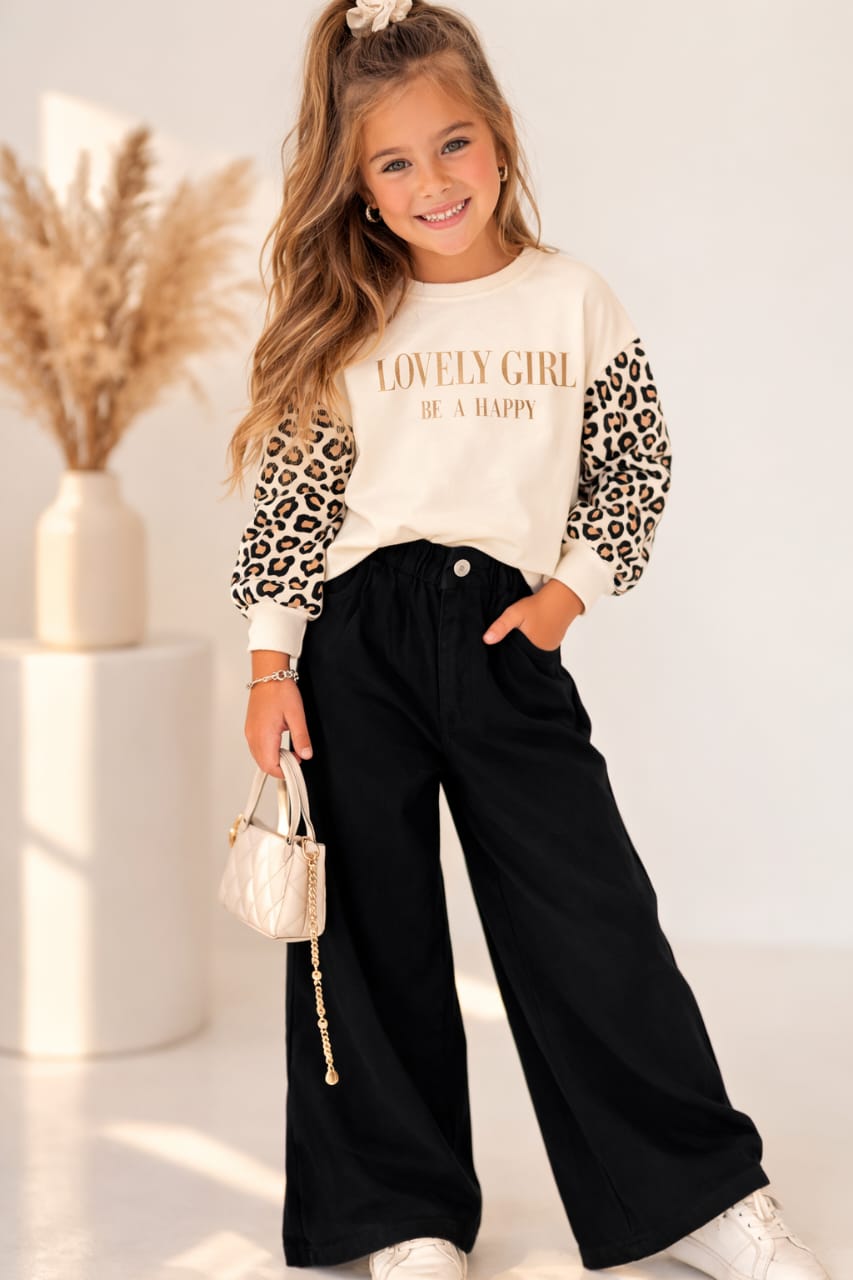 Ensemble Fille Sweat « Lovely Girl » à Manches Léopard & Pantalon Large