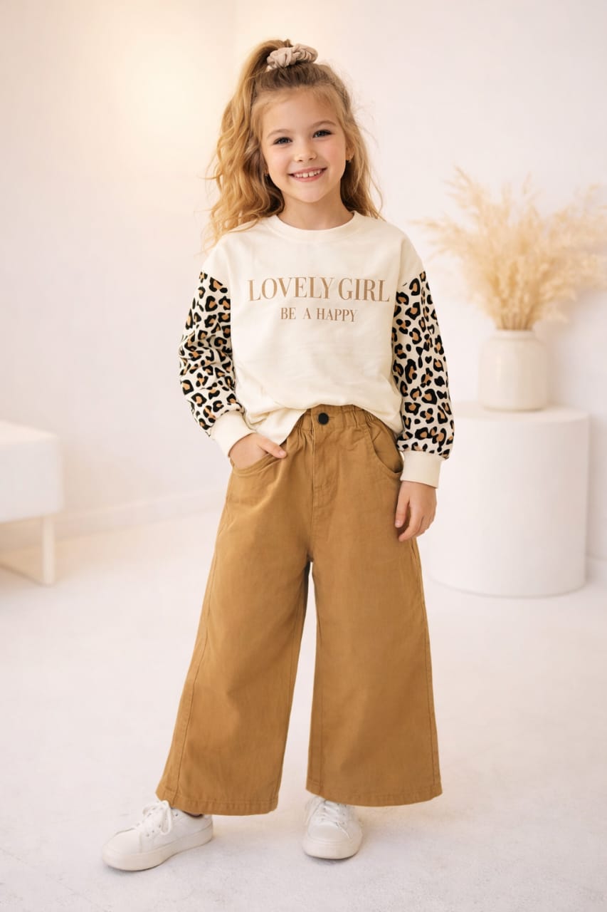 Ensemble Fille Sweat « Lovely Girl » à Manches Léopard & Pantalon Large