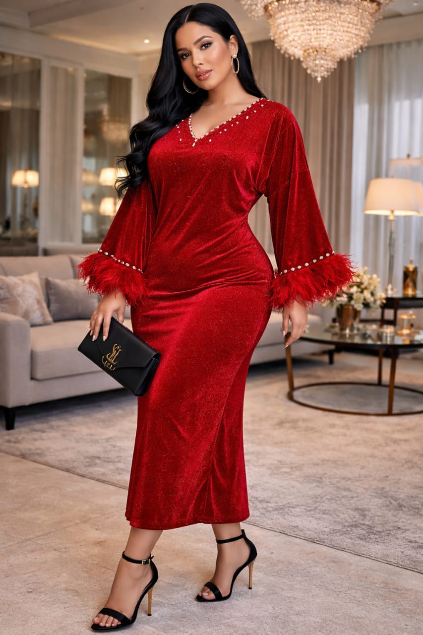 Robe Longue de Soirée Élégante Brillante – Col V Perlé & Manches à Plumes Oversize