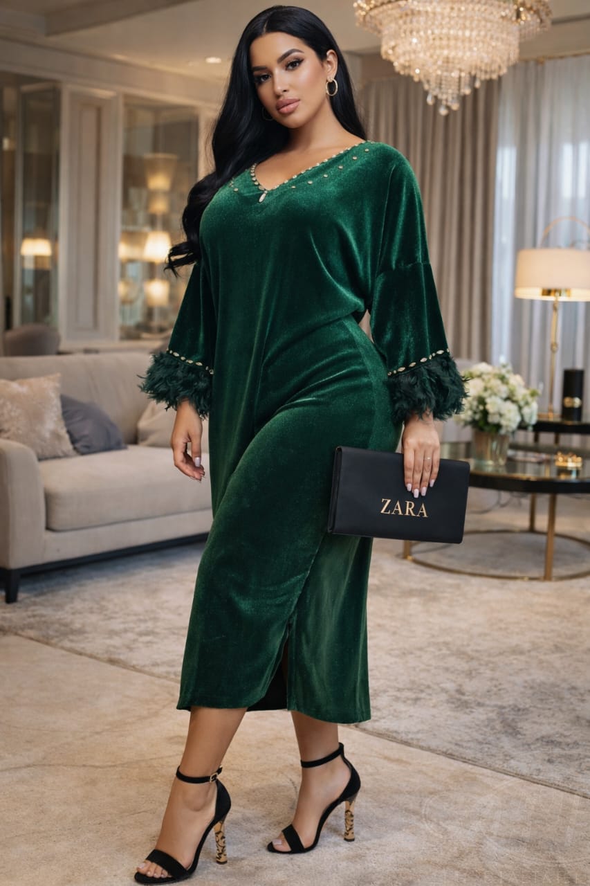 Robe Longue de Soirée Élégante Brillante – Col V Perlé & Manches à Plumes Oversize