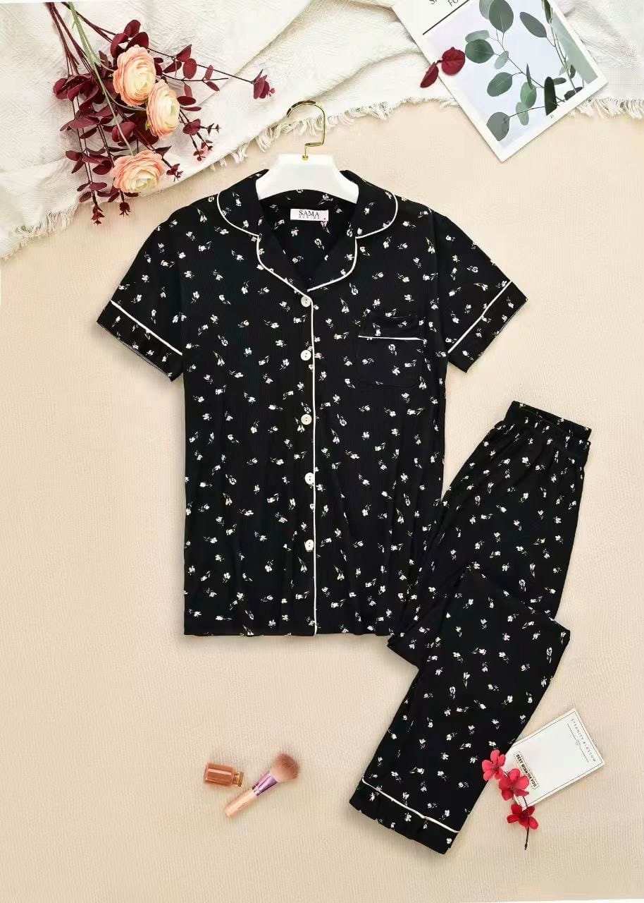 Ensemble pyjama femme boutonné – Chemise manches courtes & Pantalon imprimé