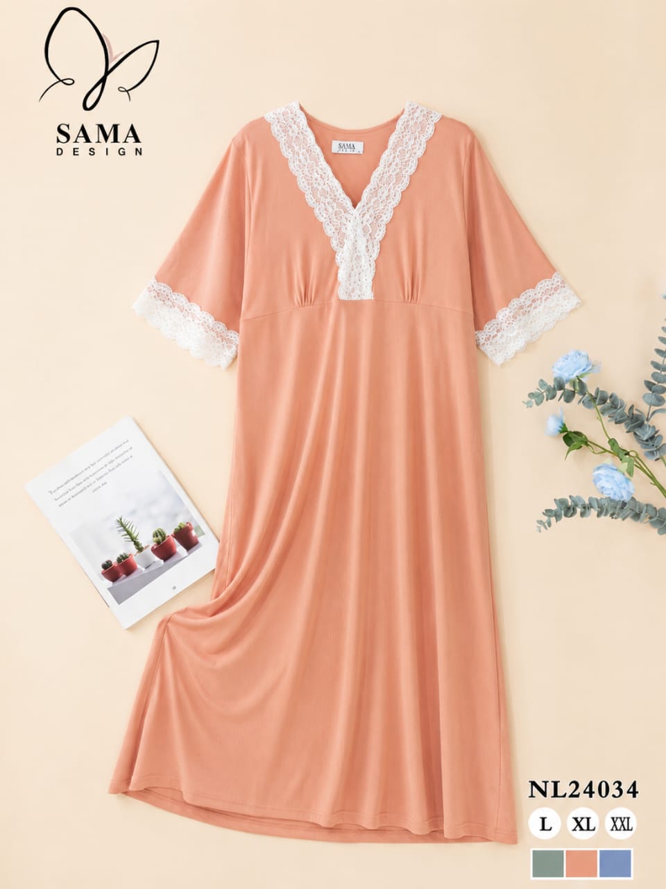 Chemise de nuit longue avec dentelle – Douceur & Élégance