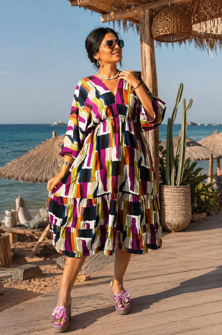 Robe midi fluide imprimée graphique – Élégance estivale